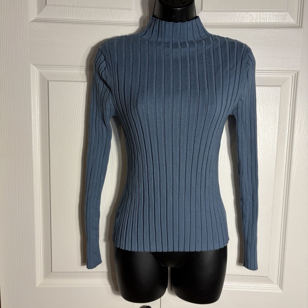 LOFT Ribbed Knit Pullover Top Women L Blue Mock Neck Stretch Long Sleeve Shirt